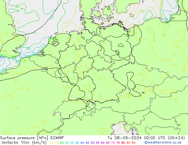 Isotachen (km/h) ECMWF Di 28.05.2024 00 UTC