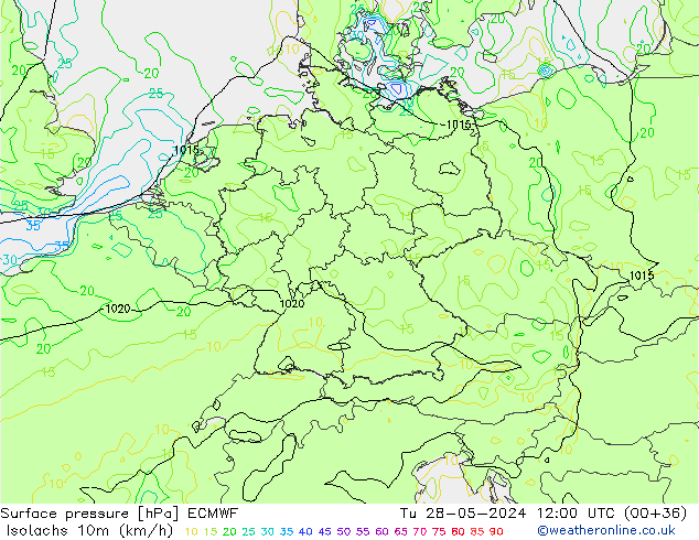 Isotachs (kph) ECMWF mar 28.05.2024 12 UTC