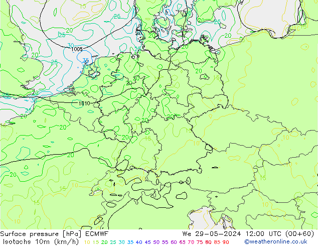 Isotachs (kph) ECMWF St 29.05.2024 12 UTC