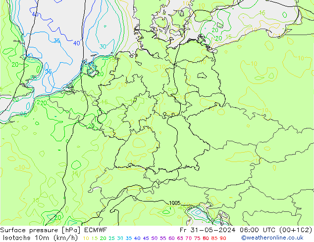 Izotacha (km/godz) ECMWF pt. 31.05.2024 06 UTC