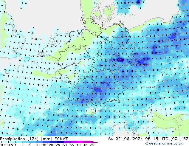 Precipitation (12h) ECMWF Su 02.06.2024 18 UTC