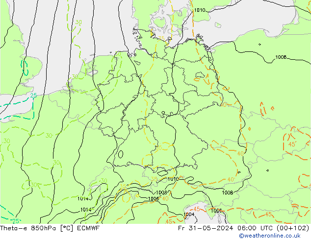 Theta-e 850hPa ECMWF Fr 31.05.2024 06 UTC