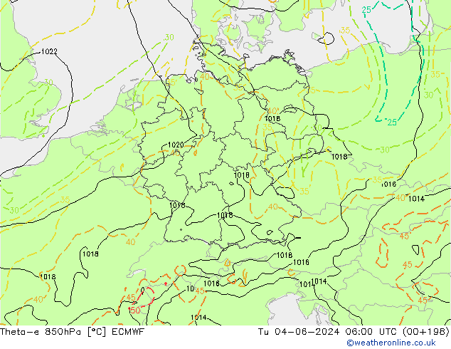 Theta-e 850hPa ECMWF Út 04.06.2024 06 UTC