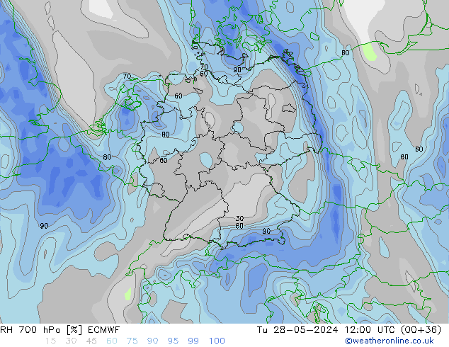 RH 700 hPa ECMWF mar 28.05.2024 12 UTC