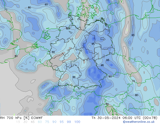 RH 700 гПа ECMWF чт 30.05.2024 06 UTC