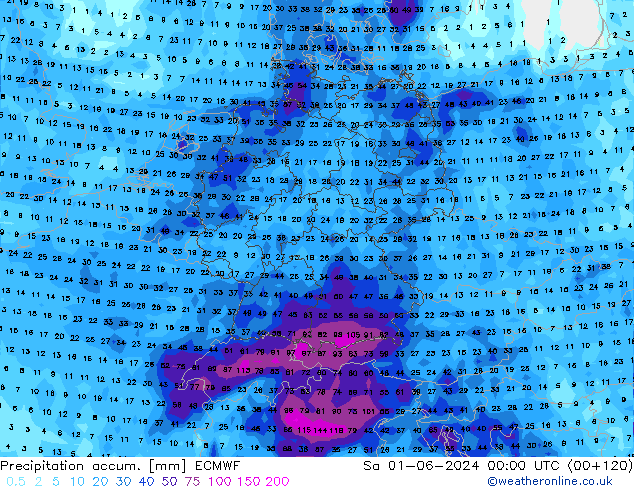 Precipitation accum. ECMWF Sa 01.06.2024 00 UTC