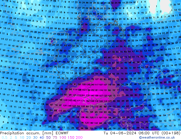 Precipitation accum. ECMWF Tu 04.06.2024 06 UTC