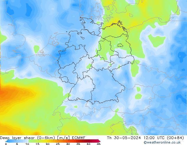 Deep layer shear (0-6km) ECMWF jue 30.05.2024 12 UTC