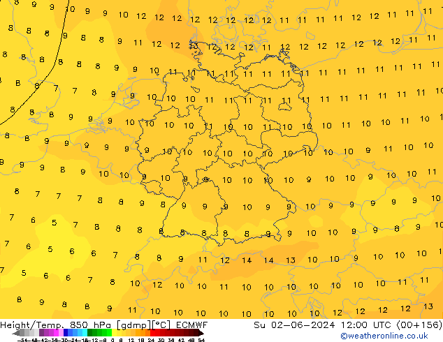 Yükseklik/Sıc. 850 hPa ECMWF Paz 02.06.2024 12 UTC