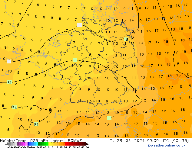 Géop./Temp. 925 hPa ECMWF mar 28.05.2024 09 UTC