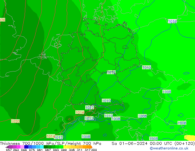 Thck 700-1000 hPa ECMWF Sa 01.06.2024 00 UTC