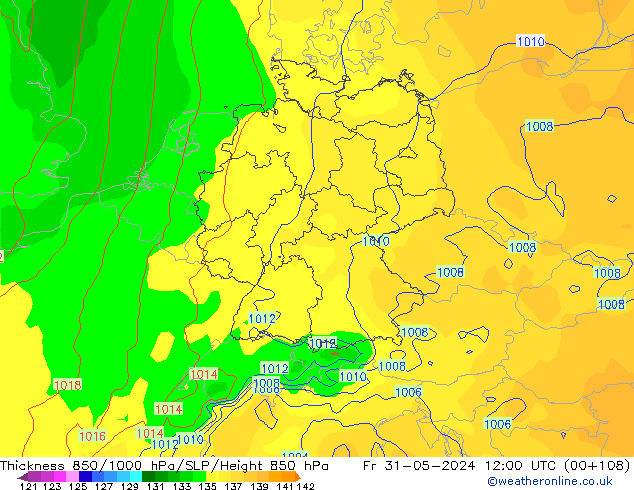 Thck 850-1000 гПа ECMWF пт 31.05.2024 12 UTC