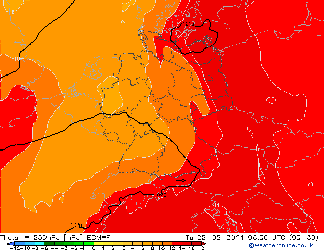 Theta-W 850гПа ECMWF вт 28.05.2024 06 UTC