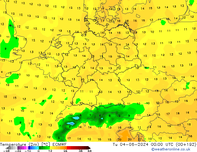 Temperature (2m) ECMWF Tu 04.06.2024 00 UTC