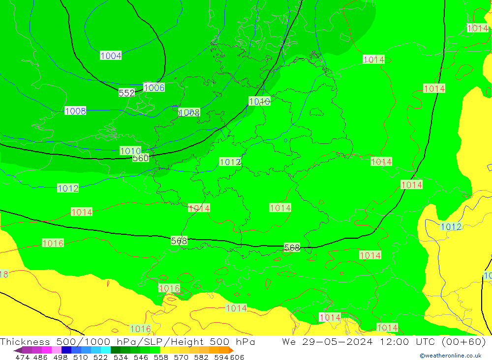 Espesor 500-1000 hPa ECMWF mié 29.05.2024 12 UTC