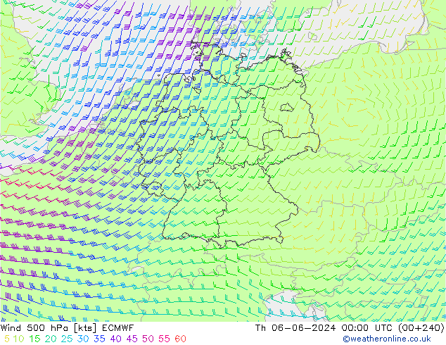 Vento 500 hPa ECMWF gio 06.06.2024 00 UTC