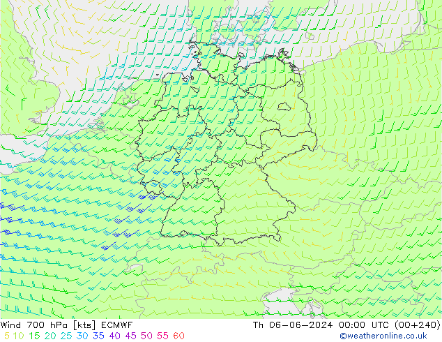 Vento 700 hPa ECMWF gio 06.06.2024 00 UTC