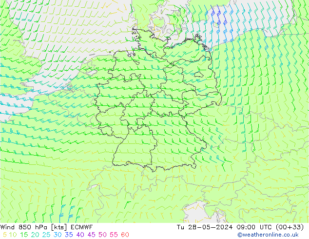 Vent 850 hPa ECMWF mar 28.05.2024 09 UTC