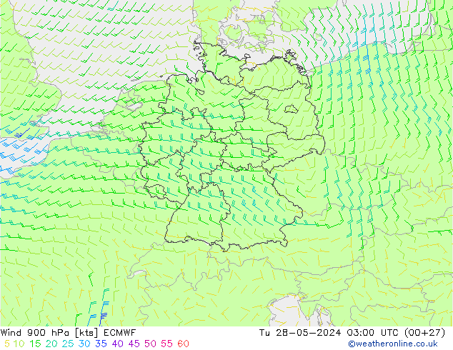 wiatr 900 hPa ECMWF wto. 28.05.2024 03 UTC