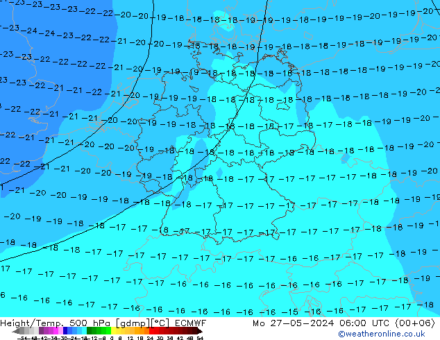 Height/Temp. 500 hPa ECMWF pon. 27.05.2024 06 UTC