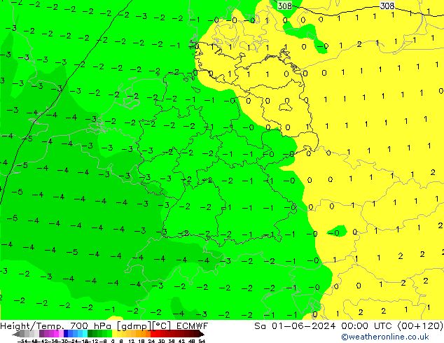 Hoogte/Temp. 700 hPa ECMWF za 01.06.2024 00 UTC