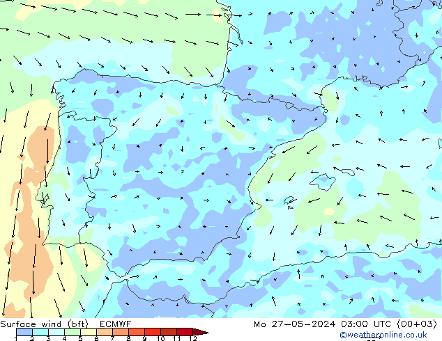 wiatr 10 m (bft) ECMWF pon. 27.05.2024 03 UTC