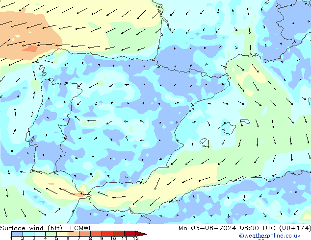 Surface wind (bft) ECMWF Mo 03.06.2024 06 UTC