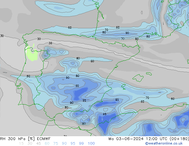 Humedad rel. 300hPa ECMWF lun 03.06.2024 12 UTC