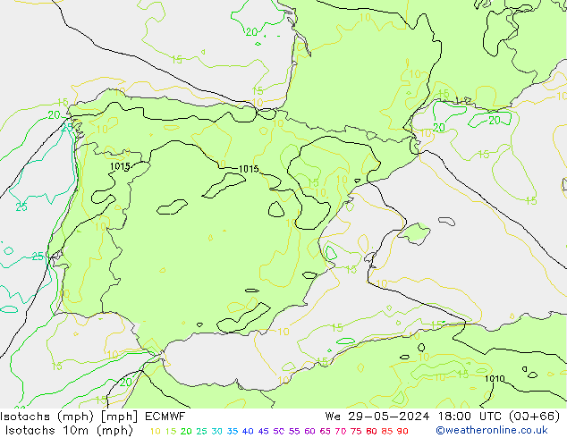 Isotachen (mph) ECMWF wo 29.05.2024 18 UTC