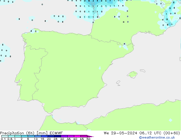 Totale neerslag (6h) ECMWF wo 29.05.2024 12 UTC