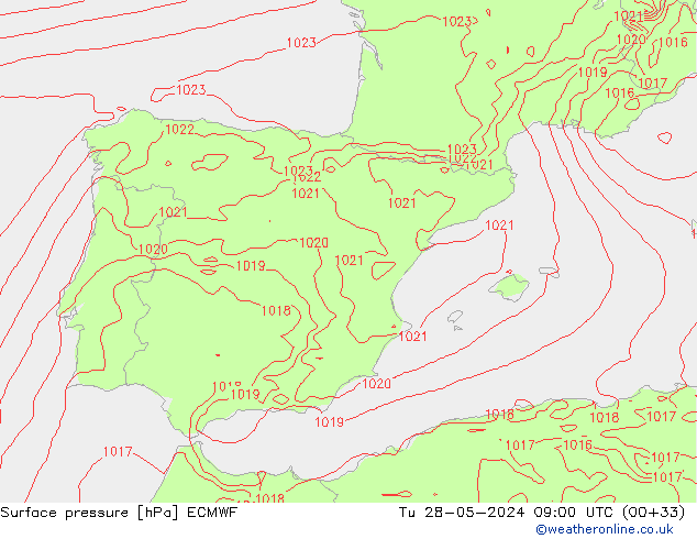Surface pressure ECMWF Tu 28.05.2024 09 UTC