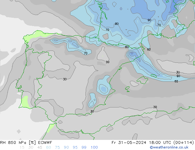 RH 850 hPa ECMWF pt. 31.05.2024 18 UTC