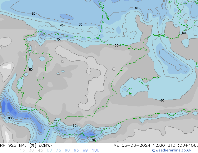 Humedad rel. 925hPa ECMWF lun 03.06.2024 12 UTC