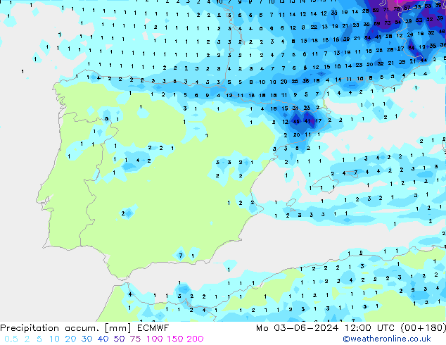 Precipitation accum. ECMWF пн 03.06.2024 12 UTC