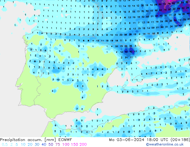 Precipitation accum. ECMWF Mo 03.06.2024 18 UTC