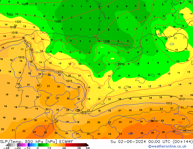 SLP/Temp. 850 hPa ECMWF zo 02.06.2024 00 UTC