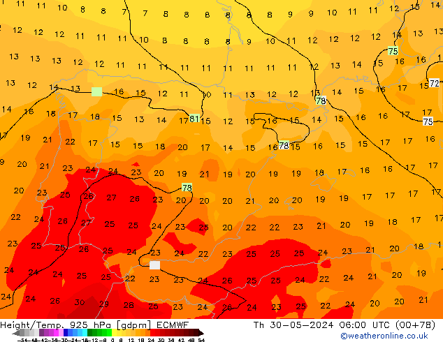 Height/Temp. 925 hPa ECMWF czw. 30.05.2024 06 UTC