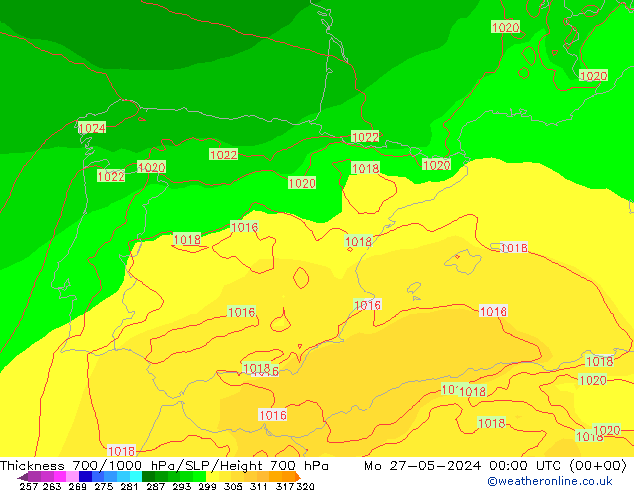 Thck 700-1000 hPa ECMWF Mo 27.05.2024 00 UTC