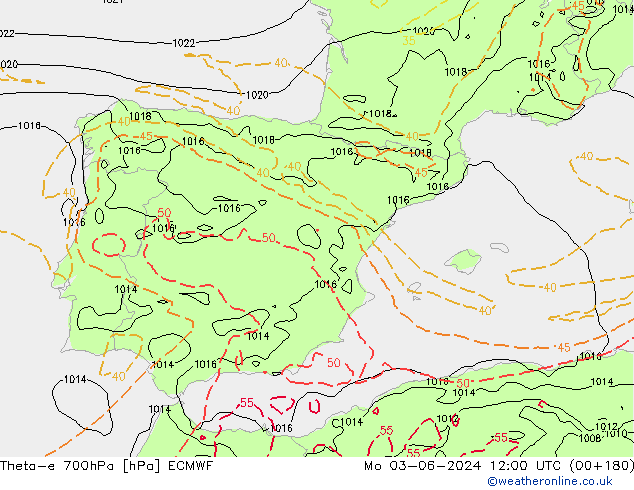 Theta-e 700hPa ECMWF lun 03.06.2024 12 UTC