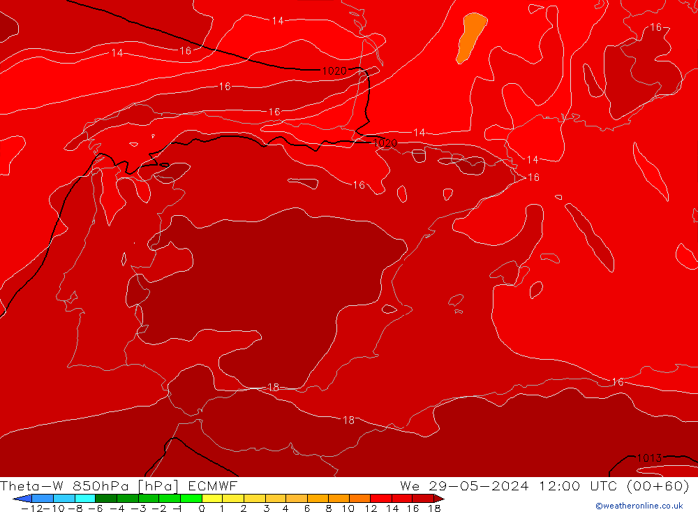 Theta-W 850hPa ECMWF Qua 29.05.2024 12 UTC