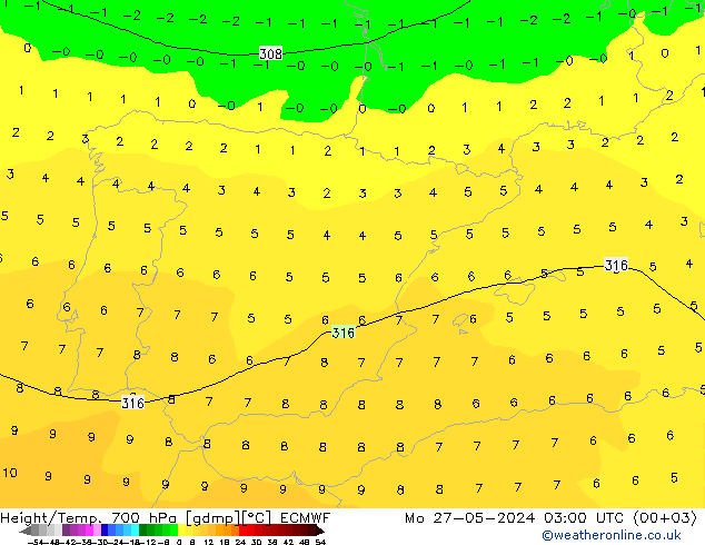 Height/Temp. 700 hPa ECMWF Mo 27.05.2024 03 UTC