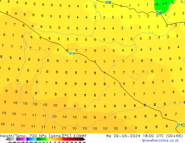 Height/Temp. 700 hPa ECMWF mer 29.05.2024 18 UTC