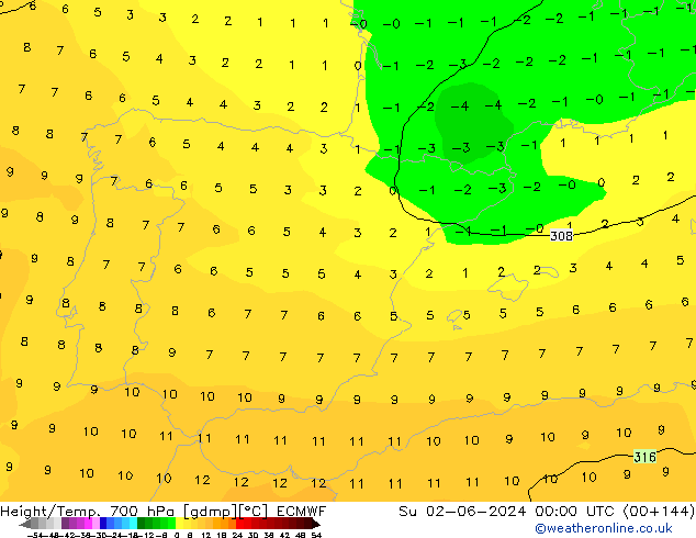 Height/Temp. 700 hPa ECMWF So 02.06.2024 00 UTC