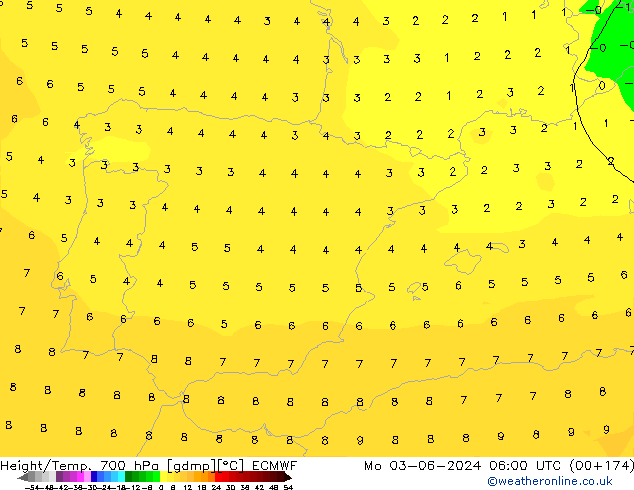 Height/Temp. 700 hPa ECMWF Mo 03.06.2024 06 UTC