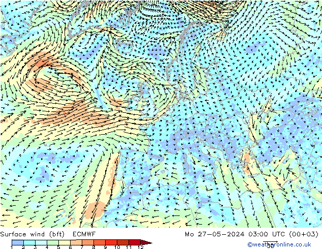 Bodenwind (bft) ECMWF Mo 27.05.2024 03 UTC