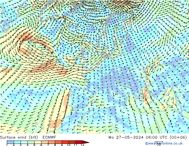 Surface wind (bft) ECMWF Po 27.05.2024 06 UTC