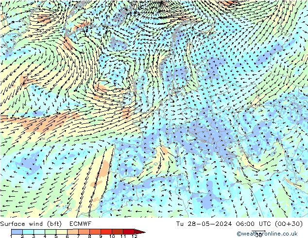 Viento 10 m (bft) ECMWF mar 28.05.2024 06 UTC