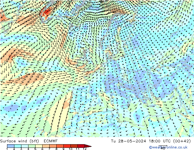 Wind 10 m (bft) ECMWF di 28.05.2024 18 UTC