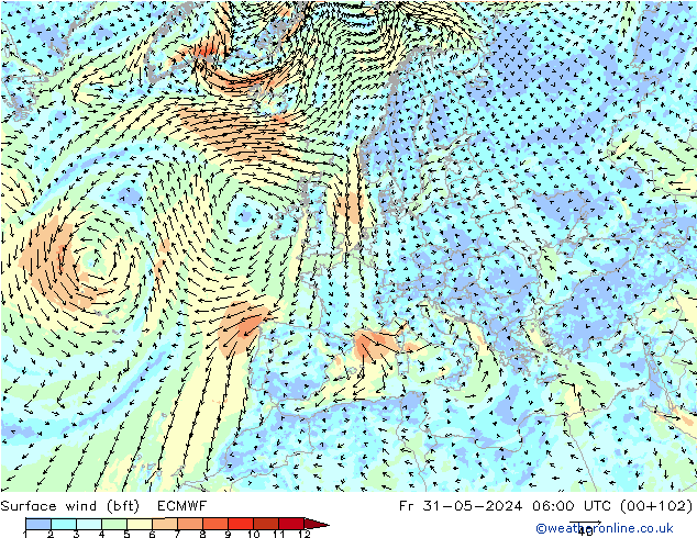 Rüzgar 10 m (bft) ECMWF Cu 31.05.2024 06 UTC