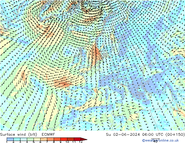 Surface wind (bft) ECMWF Ne 02.06.2024 06 UTC